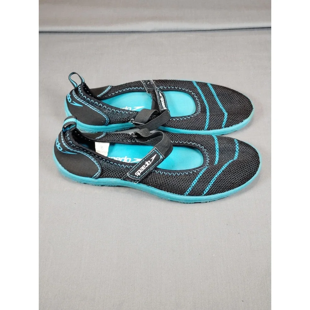 Speedo Water Shoes Black Teal Mesh Slip-On Adjustable Strap‎ Women 8 Anti Slip